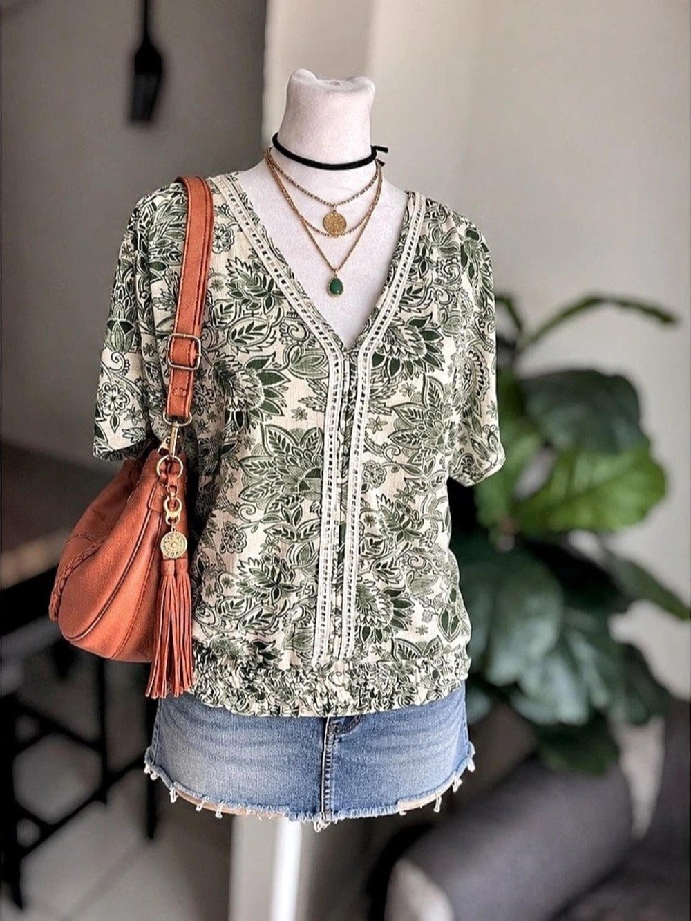 Parallel Skies Size S Boho Floral Paisley V-Neck Crochet Trim Blouse Top